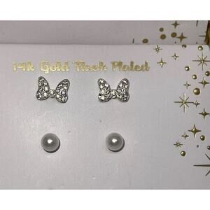 14K Gold Plated Earrings (2 Piece Set) Faux Pearl Crystal Bow Style Chic NWT